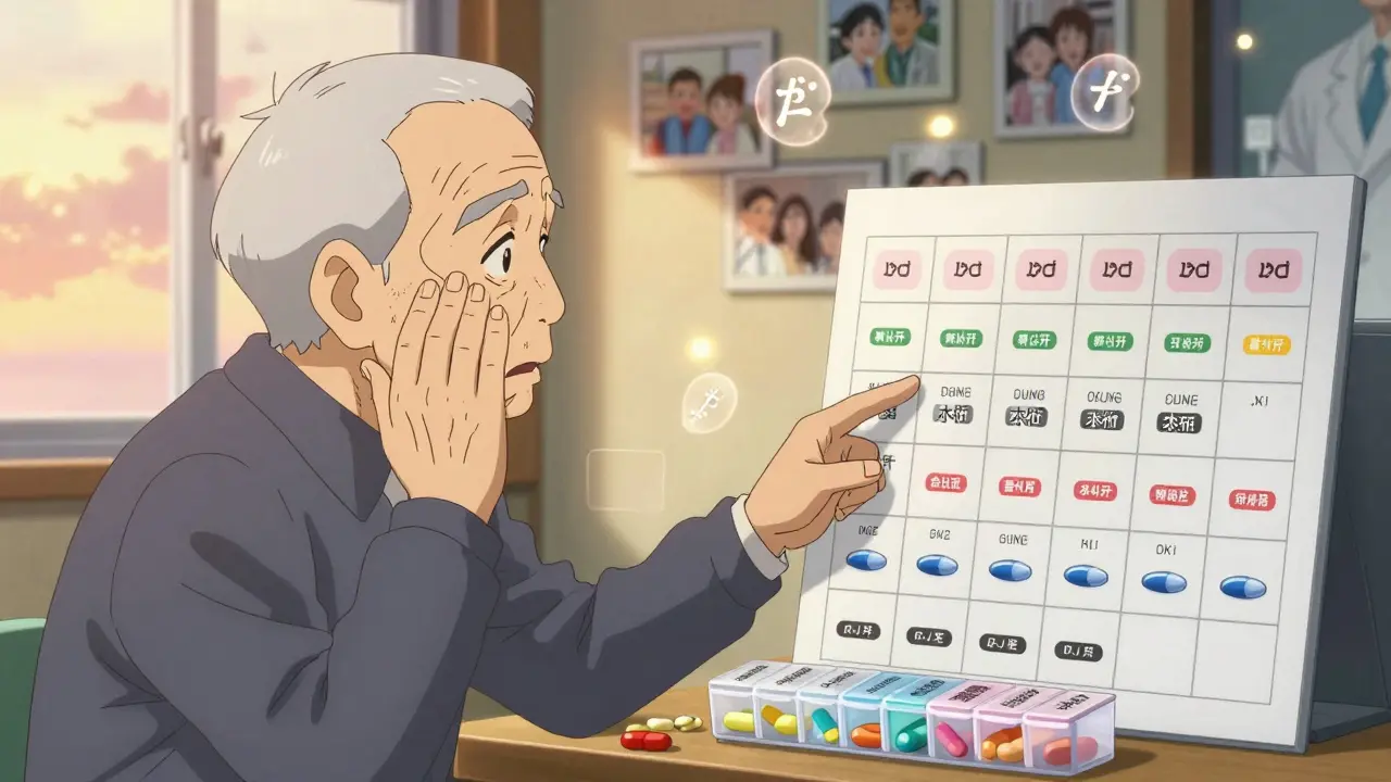 An elderly person confused by changing pill colors, with a pharmacist holding a large-print comparison chart.