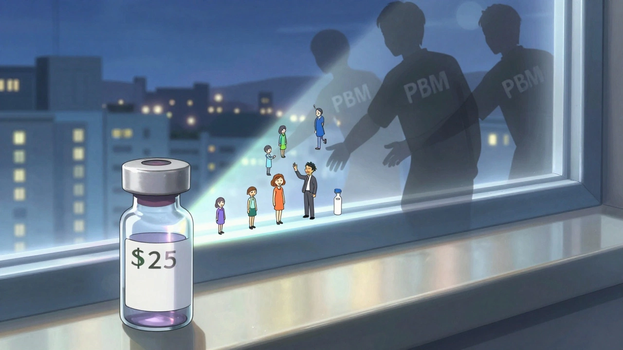 Close-up of insulin vial splitting light into patients&#039; faces, shadowy PBM hands reaching for rebates, city lights in background.