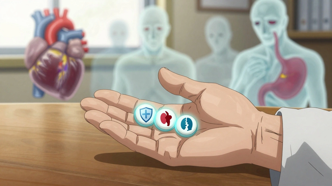 Elderly hand holding three glowing pills, each symbolizing different side effect risks against ghostly threats.