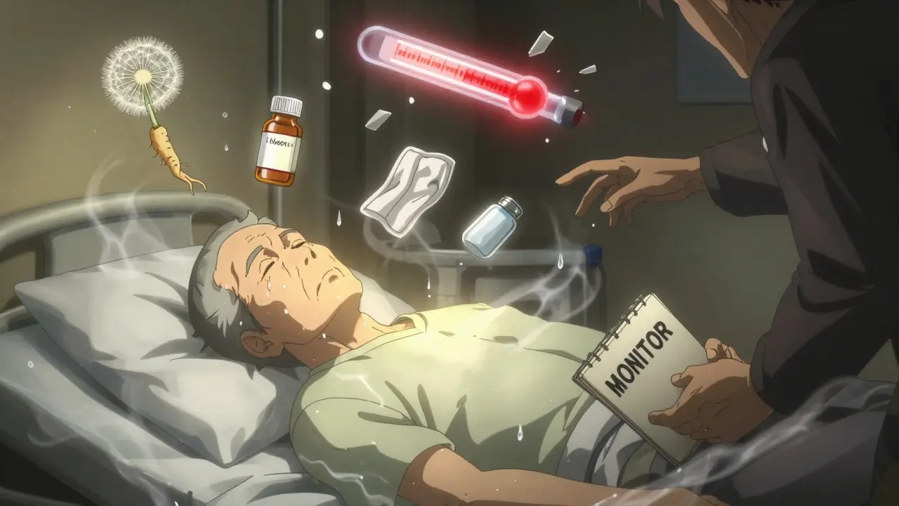 Elderly patient on hospital bed with floating medication icons and shattering lithium level meter.