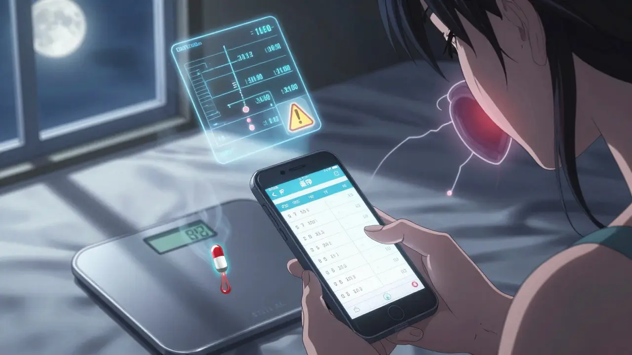 Elderly woman checking daily weight on smartphone, dehydration warning icons floating above bed.