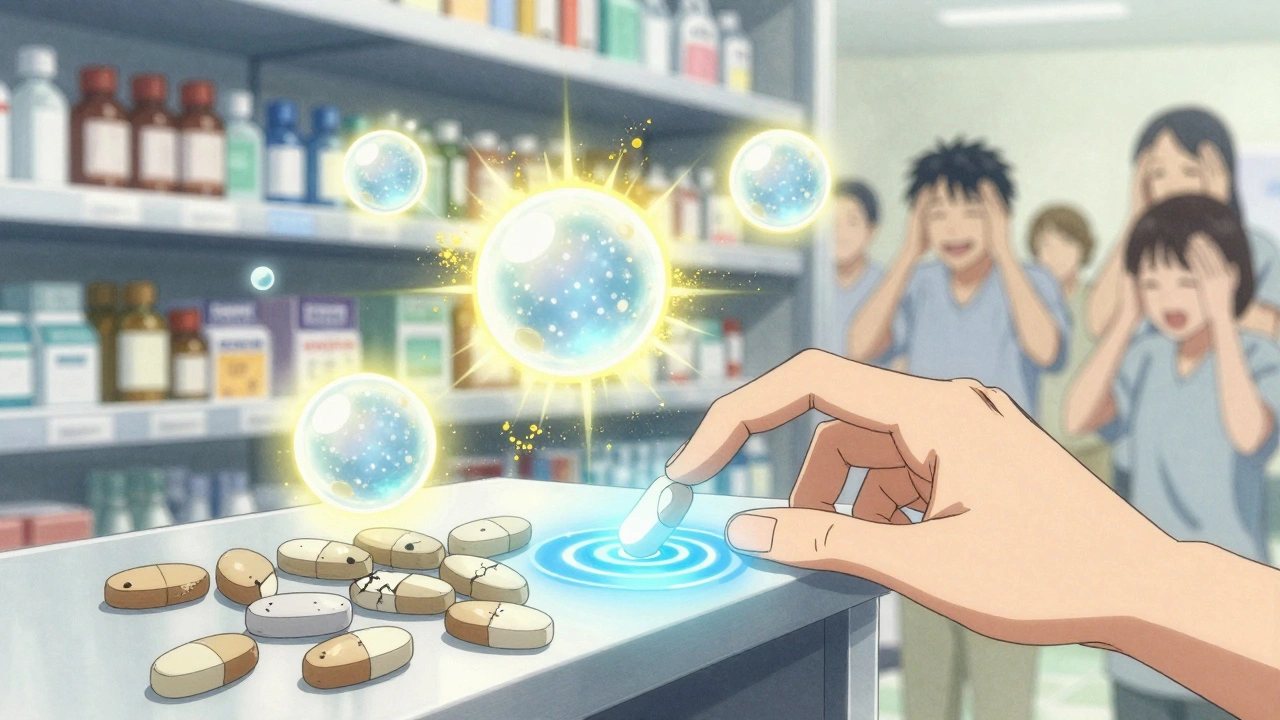 Generic pills on a pharmacy shelf transform into glowing orbs as a hand touches them, while brand-name pills float like celestial objects.