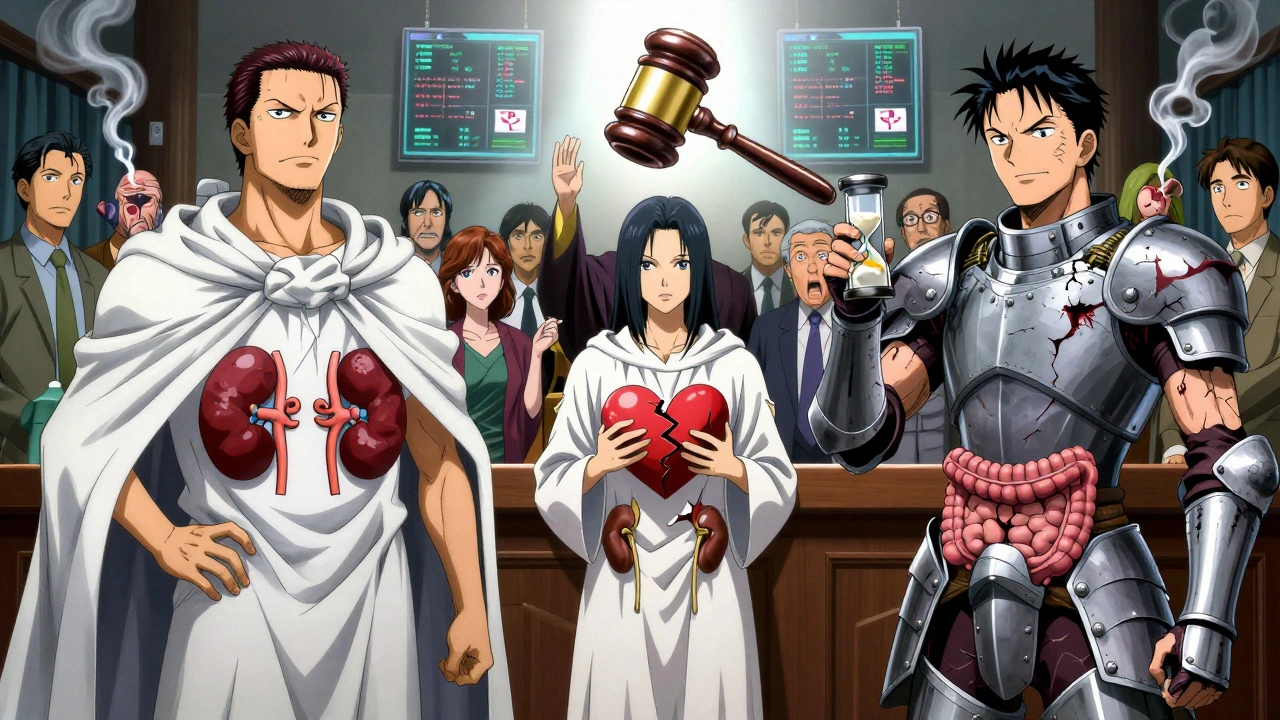 Medical courtroom scene with apixaban as the safe champion, rivaroxaban and dabigatran showing their flaws.