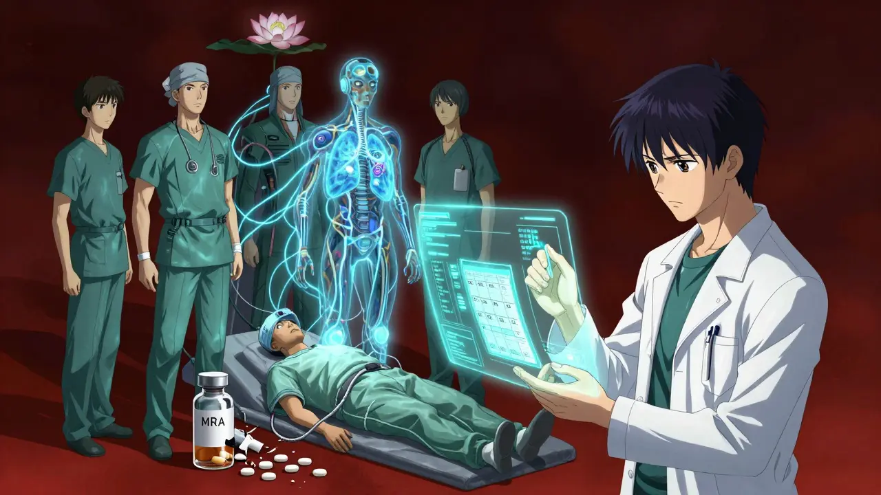 Medical team with implantable sensor and AI interface predicting potassium levels in heart failure patient.