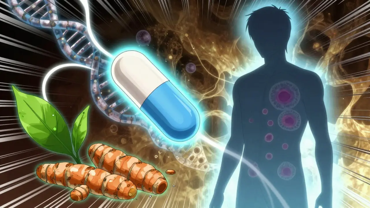 Medicinal compounds and natural extracts floating beside genetic strands, representing chemoprevention.