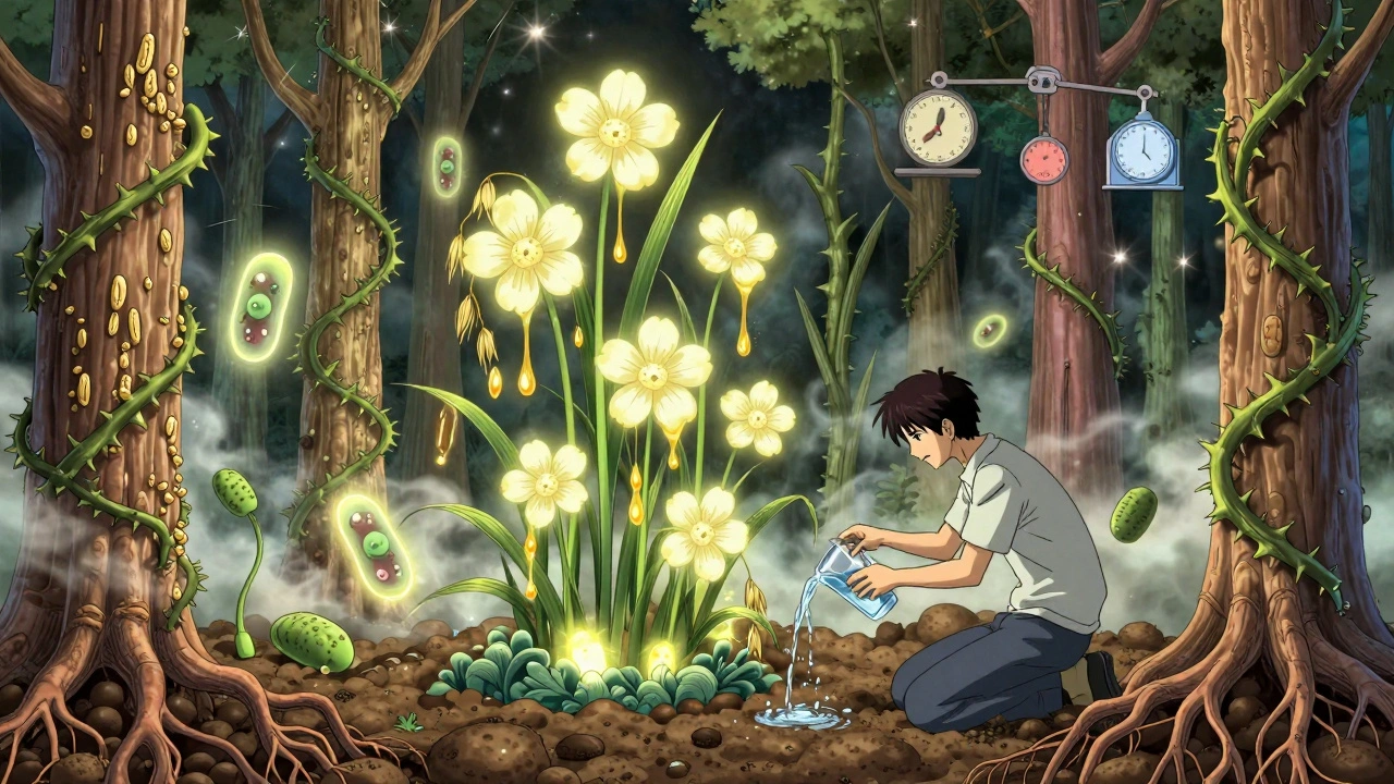 Mystical colon garden with chia flowers and bran trees, nourished by water and gut bacteria.