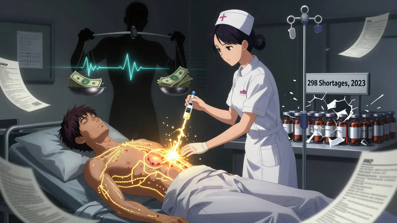 Nurse administers generic IV to patient with glowing gene pathways, while a shadowy rebate figure weighs dollars against heart rhythms.