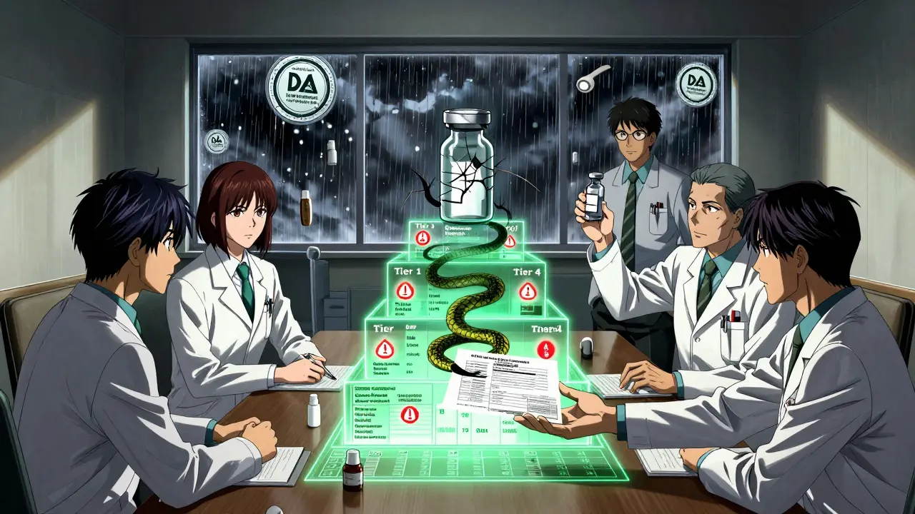 P&amp;T committee debates a holographic drug tier system, with rebates visualized as a serpent and a cracked vial casting warning shadows.