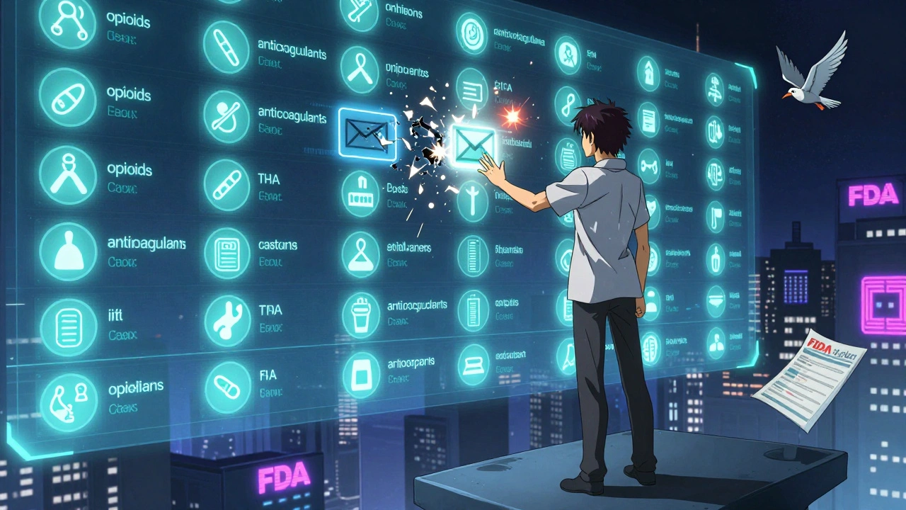 Patient activating an FDA alert on a digital dashboard filled with glowing medication warning symbols.