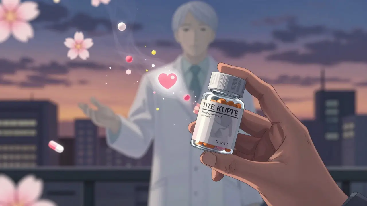 Patient staring at generic pill, ghostly brand image reflected, abstract particles floating around.