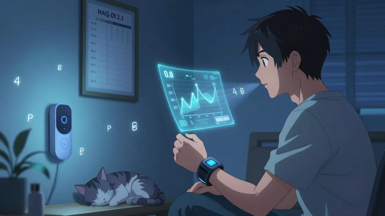 Patient using voice-controlled smart home with wearable sensor, holographic energy timeline visible.