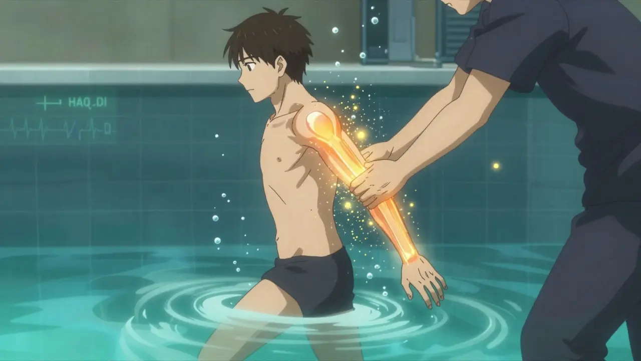 Patient walking in warm hydrotherapy pool, joint stress dissolving into golden particles.