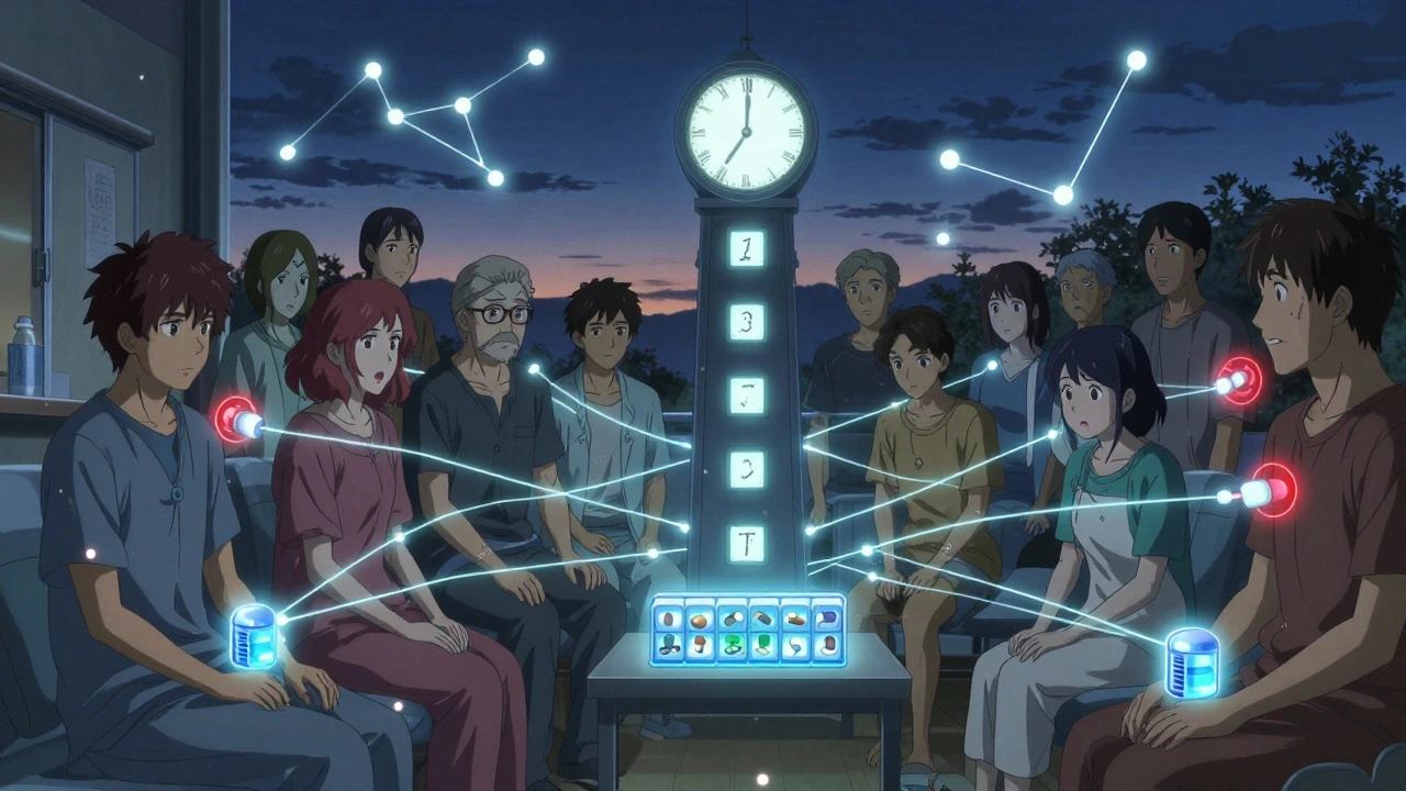 Patients connected by glowing time threads to a central clock tower, some with warning pulses around high-risk meds.