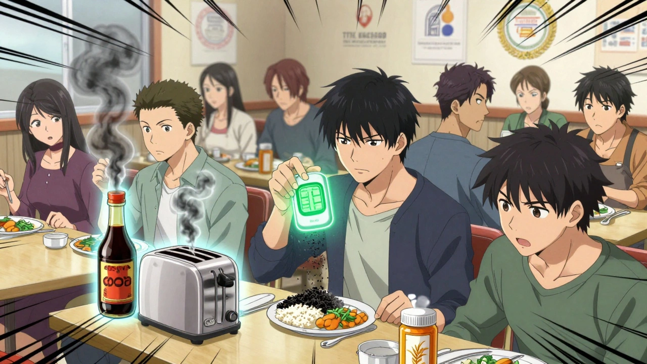 People in a restaurant with hidden gluten sources revealed as dark auras, one using a gluten-detecting device.