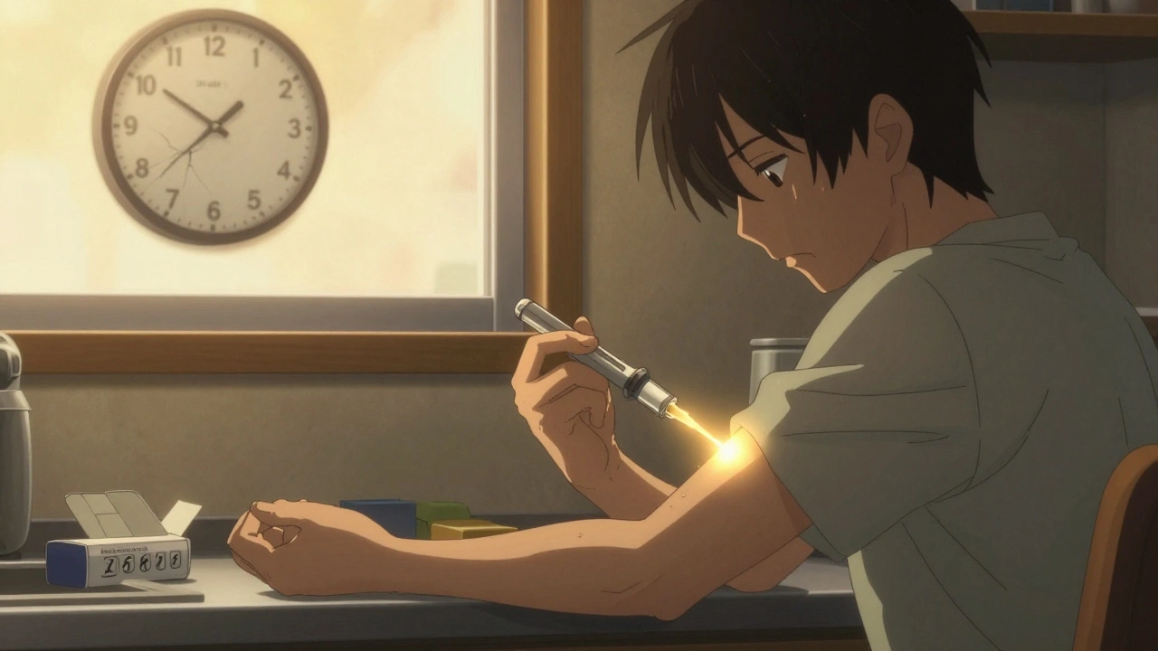 Person injecting insulin at a kitchen counter, with a day-28 clock showing signs of decay.