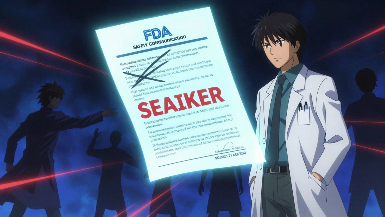 Pharmacist and doctor examining a floating FDA safety update with dynamic text changes in the air.