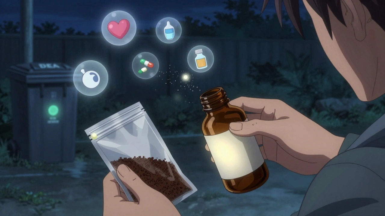 Someone disposing of expired pills in coffee grounds, with a recycling bottle and distant drug take-back bin.