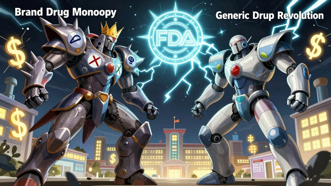 Spectral battle between Brand Drug Monopoly and Generic Drug Revolution, with FDA seal above and dollar signs exploding in the sky.