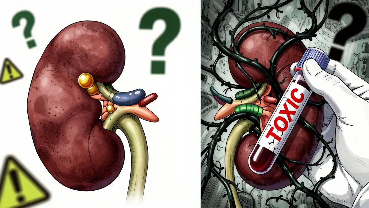 Split medical illustration showing healthy kidney versus kidney choked by toxic vines from medications.