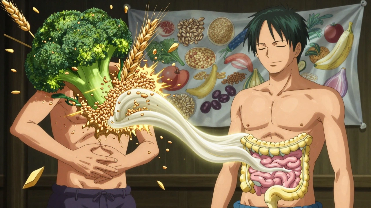 Split scene: IBS person overwhelmed by irritants on one side, soothed by soluble fiber on the other.