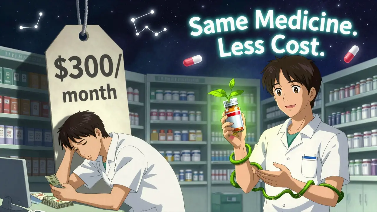 Split scene: patient counting money vs. smiling with generic pill, vine growing into lifeline.
