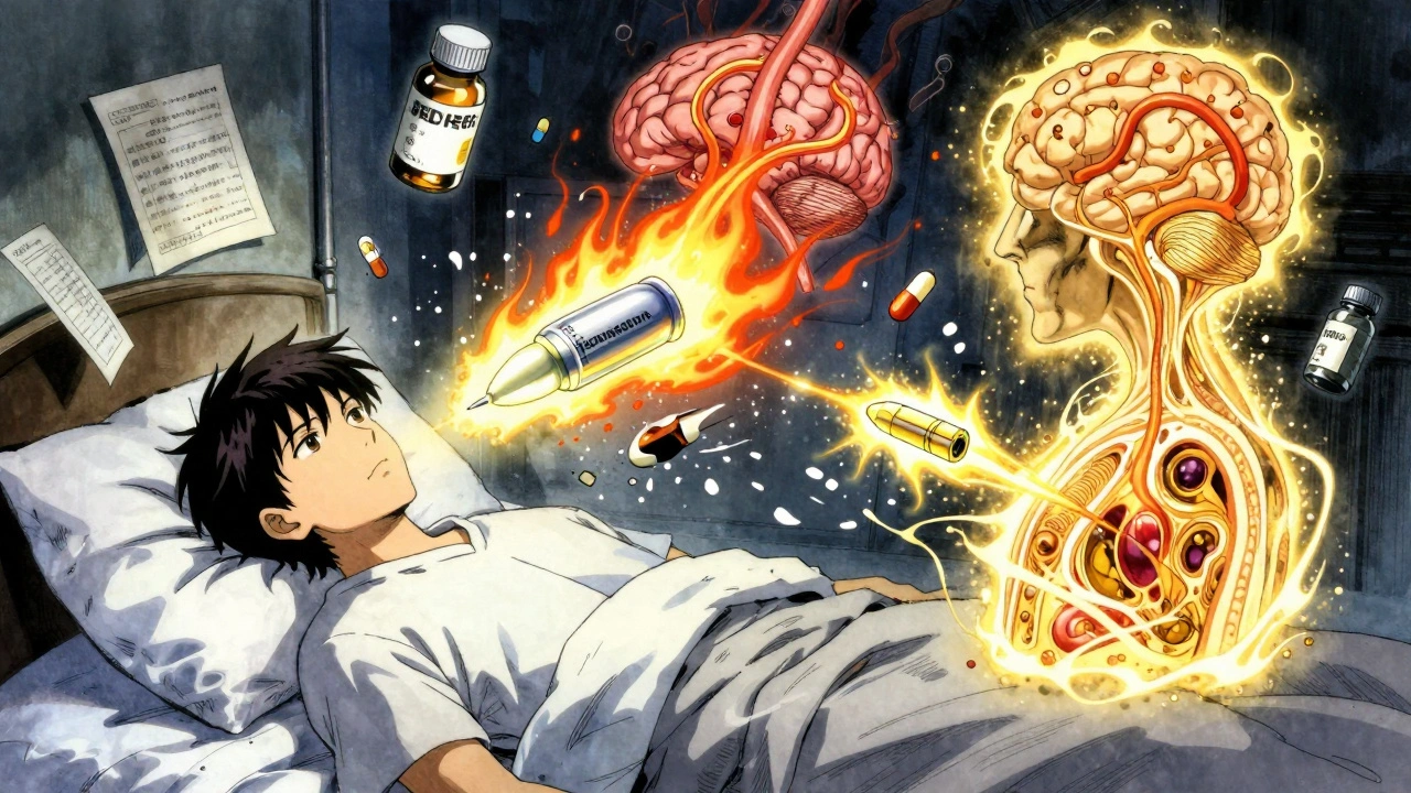 Three antiemetic drugs defeating nausea spirits in the brain, patient calm in bed with floating medical symbols.