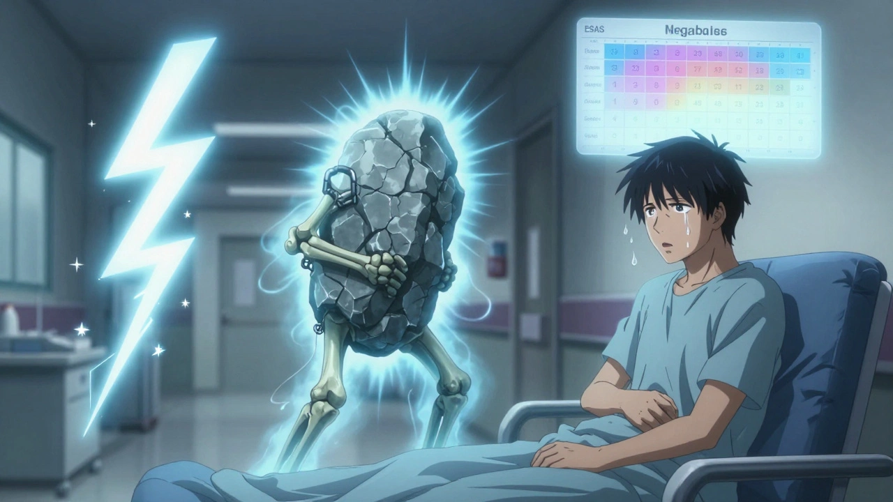 Three forms of cancer pain being calmed by targeted treatments, patient seated with glowing symptom scale above.