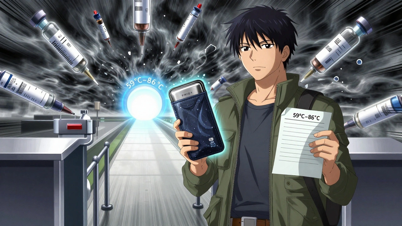 Traveler with insulated insulin case at airport, surrounded by floating damaged insulin pens.