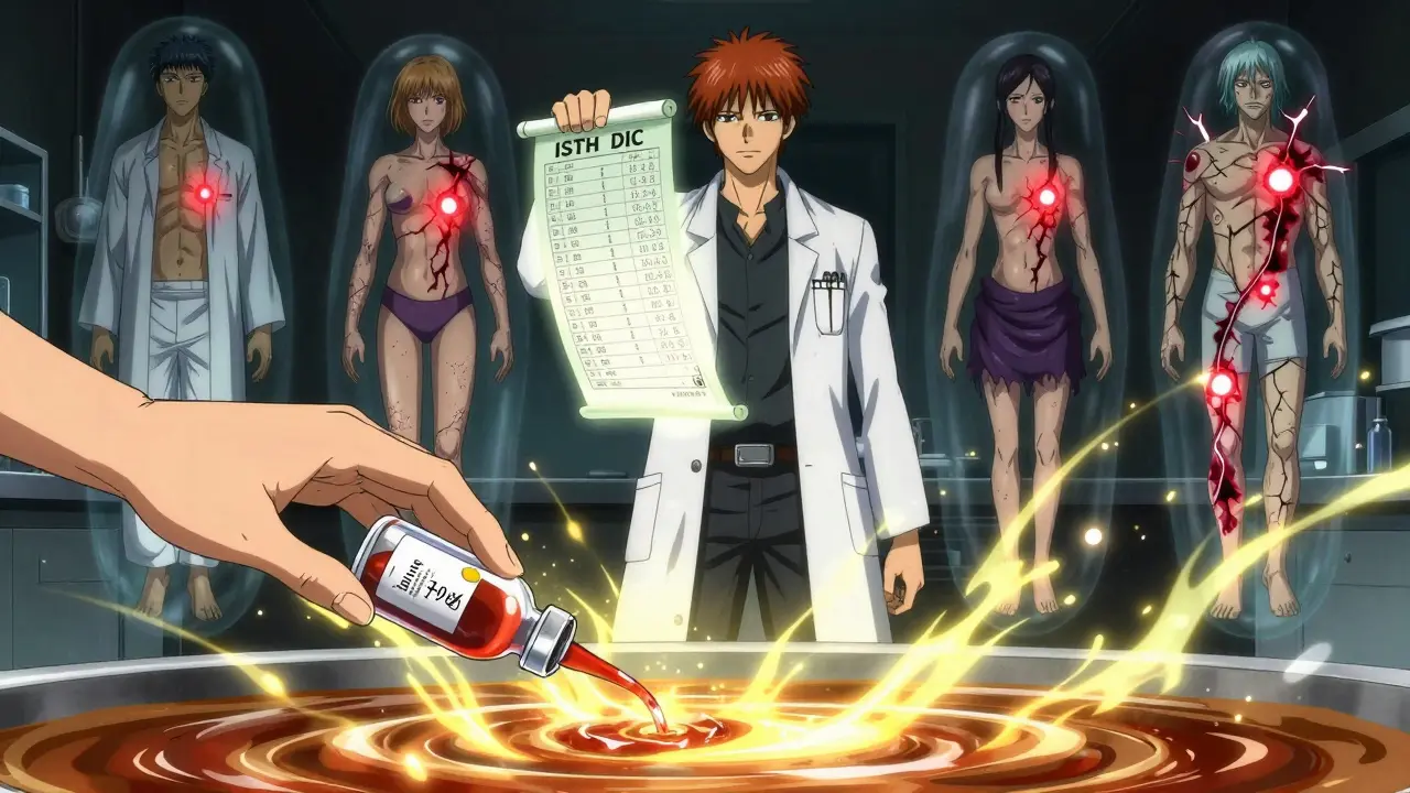 A clinician holding a glowing DIC score chart while floating patients with cracked bodies are reversed by healing light.