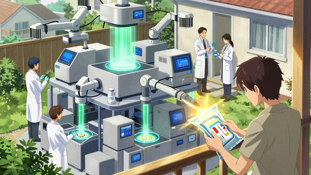 A detailed pharmaceutical supply chain from lab to doorstep, ending with a patient opening a safe medication package.