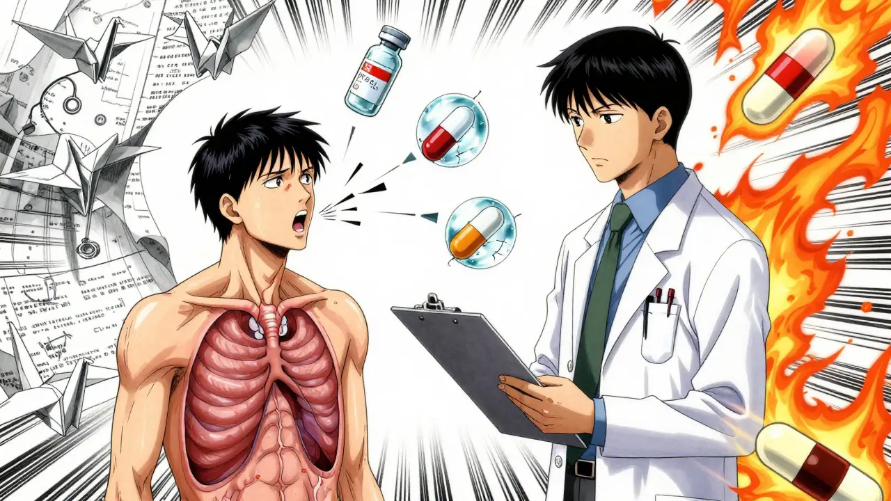 A doctor and patient surrounded by floating drug icons, each emitting hiccup echoes, nerve pathways visible.