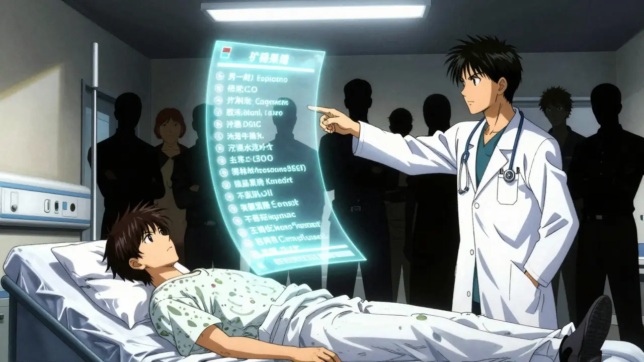 A floating multilingual medication list hovers above a hospital bed, glowing with ethereal energy as shadowy figures watch.