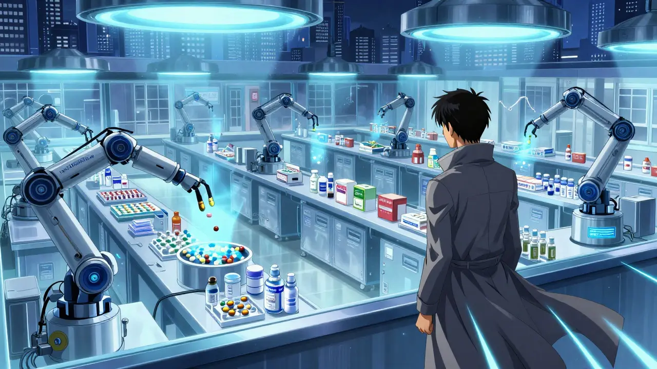 A futuristic FDA facility inspecting generic and brand-name drug production lines side by side.