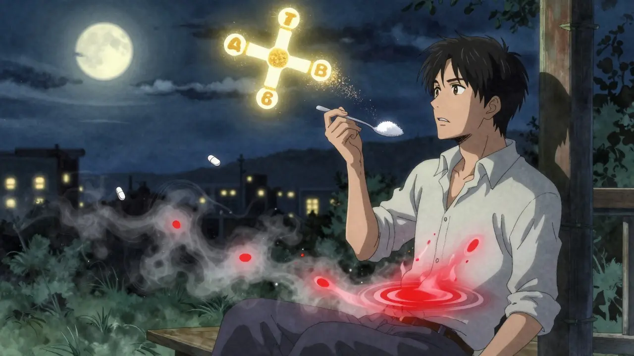 A man holding a teaspoon of sugar, golden granules forming a calming GABA-B symbol as hiccups fade around him.