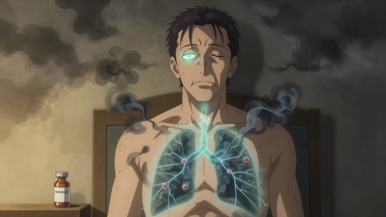 A man with fatigue aura, dark smoke around his lungs from beta blocker side effects, one eye dimming as pressure rises.