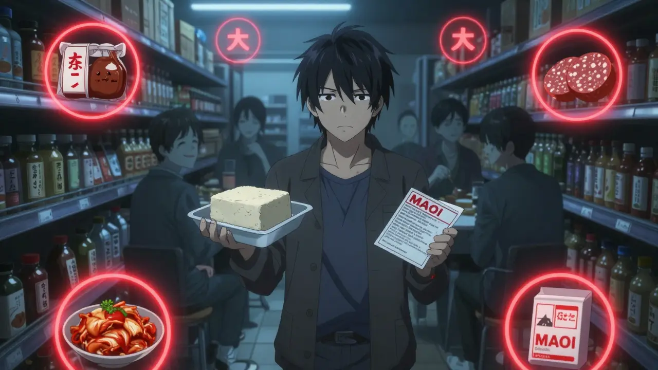 A patient stands alone in a grocery aisle surrounded by glowing warnings on fermented foods.