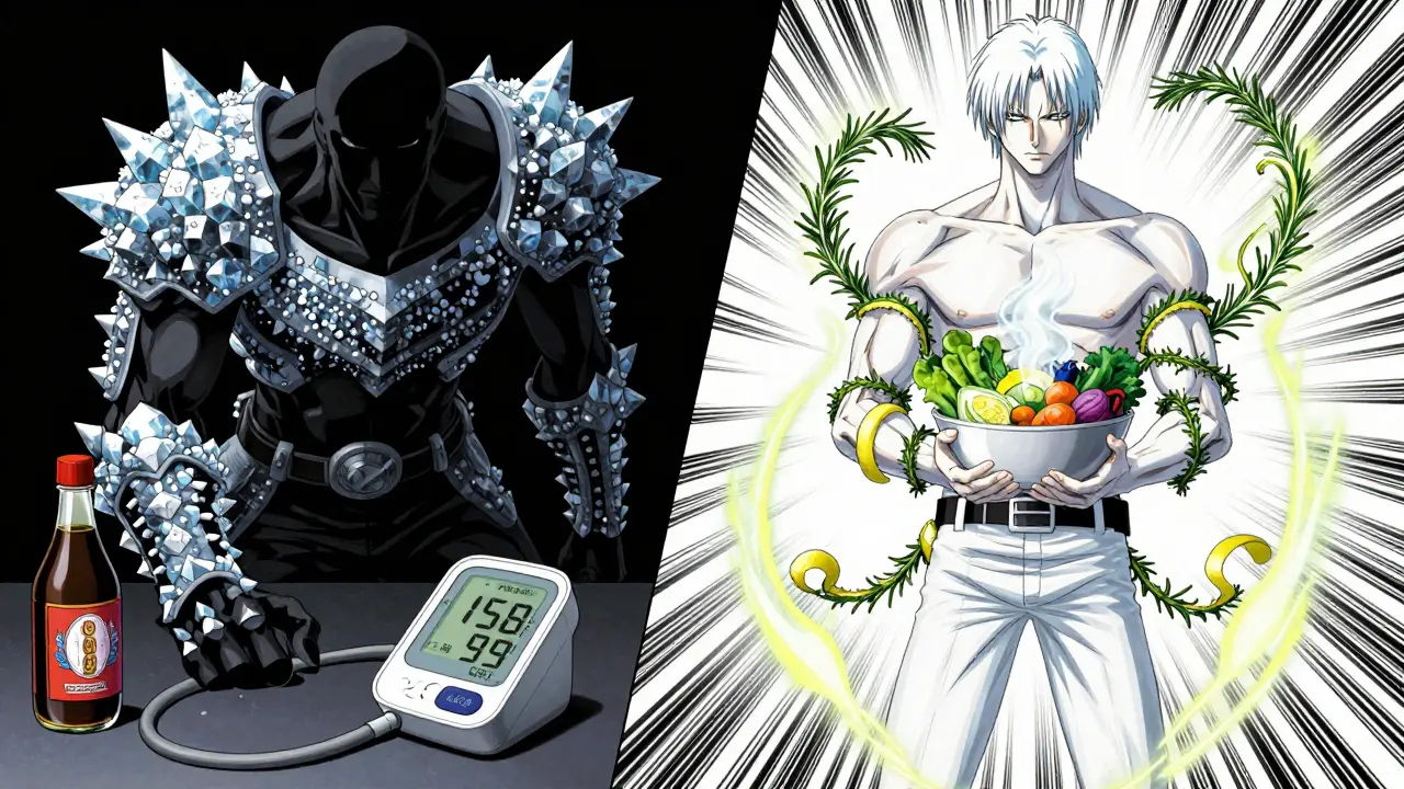 A person battles their shadow self made of salt armor, with blood pressure readings showing transformation from high to normal.