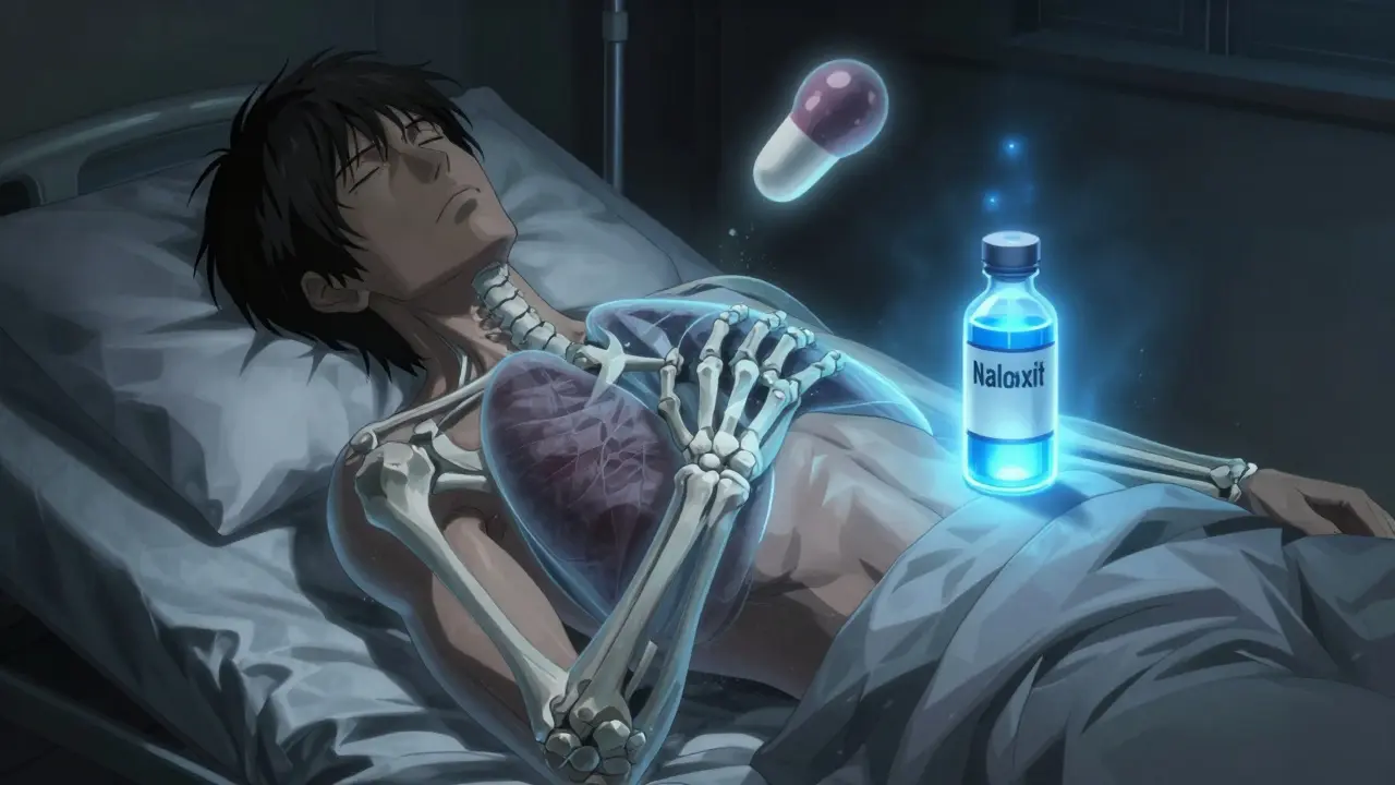 A person on a hospital bed with a glowing naloxone vial fighting a shadowy grip on their lungs.