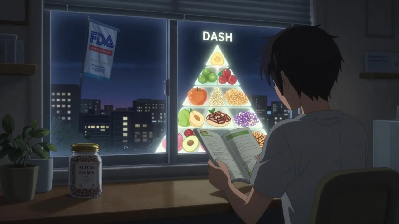 A person reads a food label at night, their reflection showing a glowing DASH diet pyramid rising behind them.