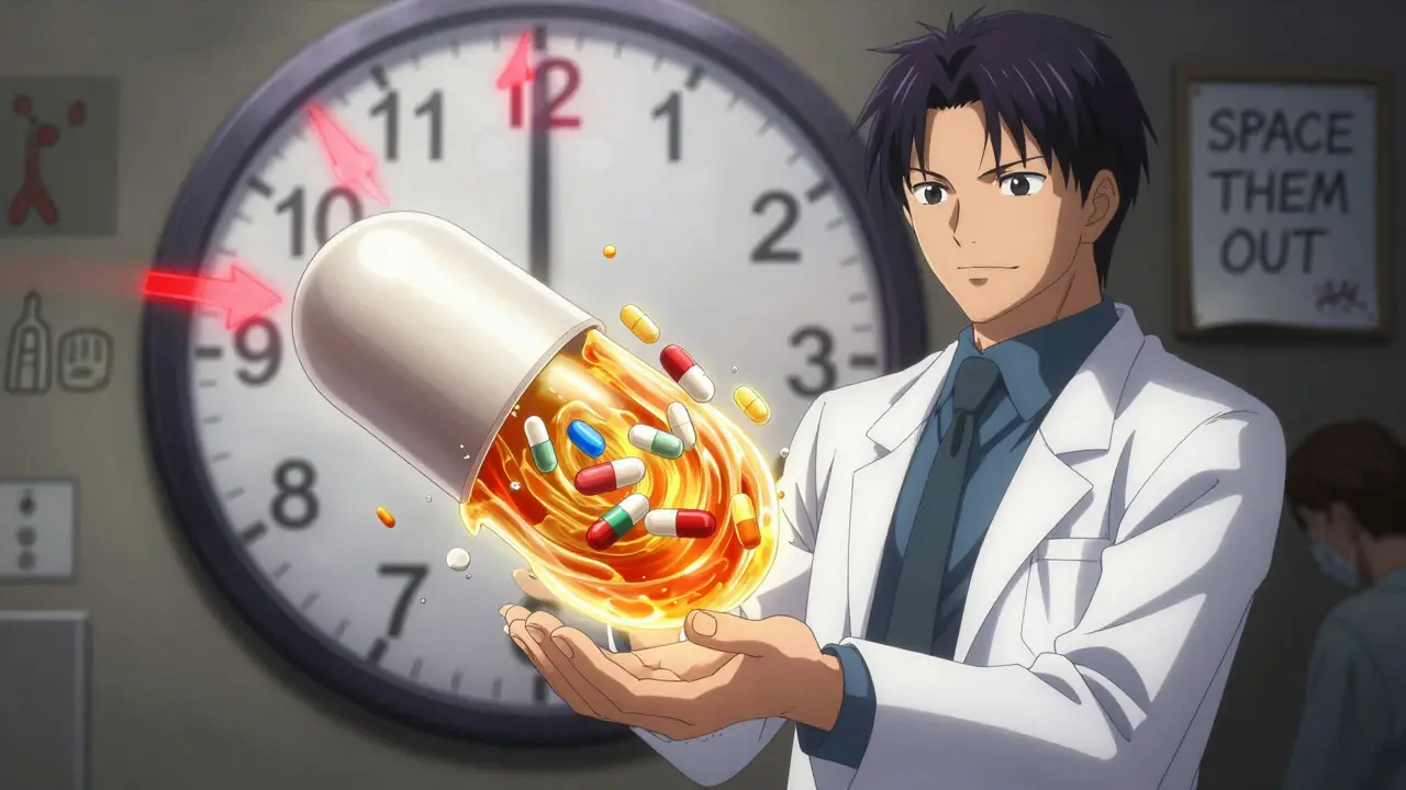 A pharmacist holding a fiber capsule that traps medication tablets, with a clock showing the required time gap.