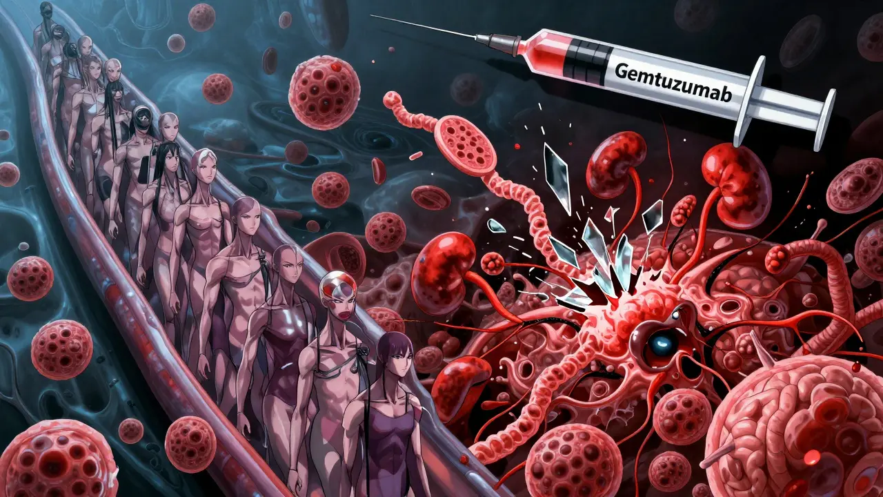 A split-panel battle between healthy and chaotic blood cells, with a drug syringe casting a destructive shadow over organs.