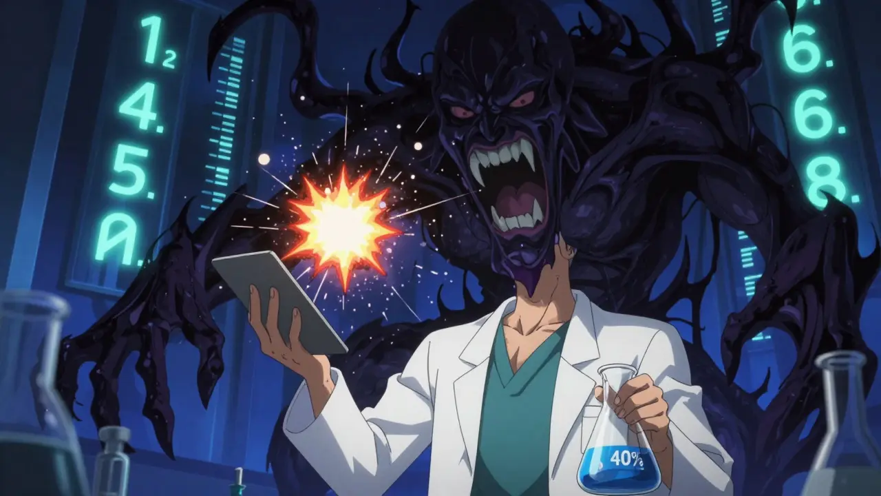 A tablet exploding in ethanol, releasing a shadowy dose-dumping entity with pH runes in the background.