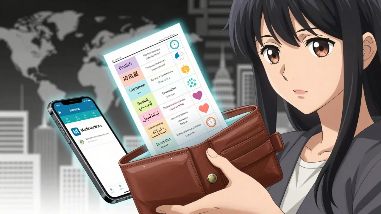 A wallet opens to reveal a multilingual medication list in six languages, with a glowing phone app beside it.