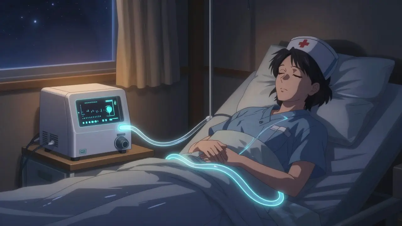 A woman sleeping peacefully while connected to a quiet automated dialysis machine at night.