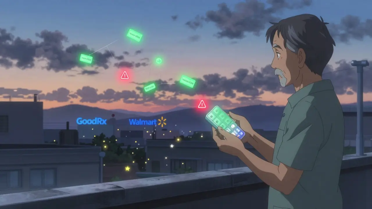 An elderly patient holds a pill organizer as generic drug names glow like stars in the dawn sky.