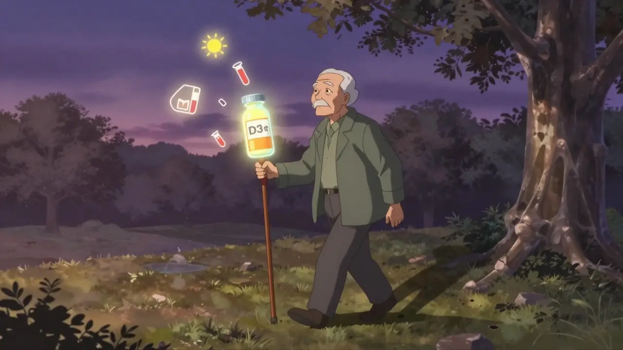 An elderly person walking with a glowing supplement stick, casting a strong bone shadow.
