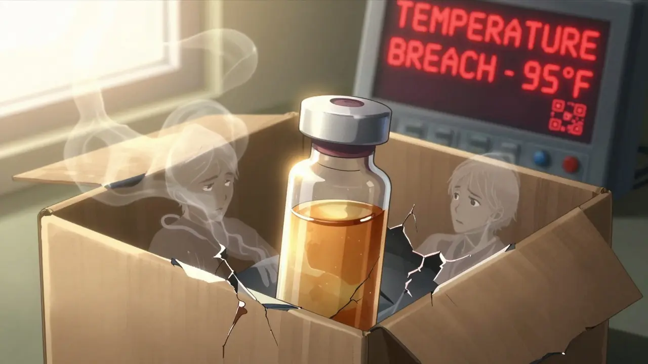 An insulin vial degrading in a hot shipping box with red temperature warnings glowing in the background.