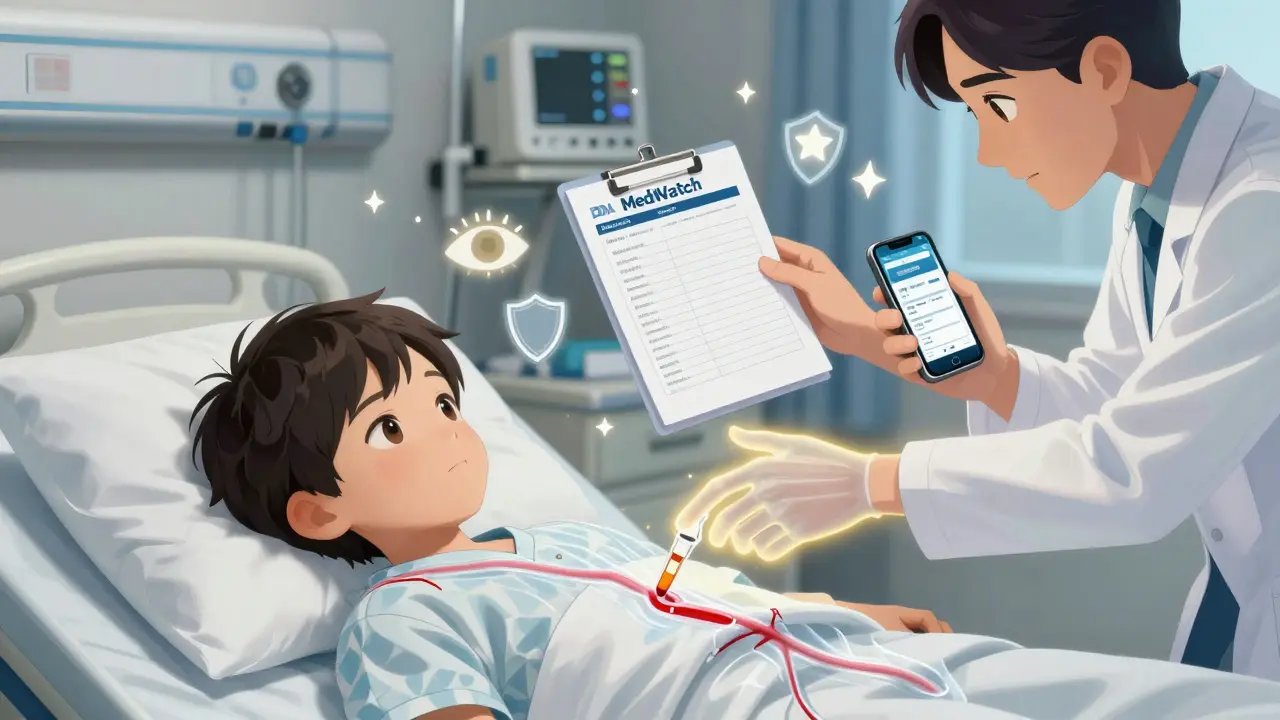 Child in hospital bed with dangerous medication spike, parent reporting error to FDA, floating vigilance symbols.