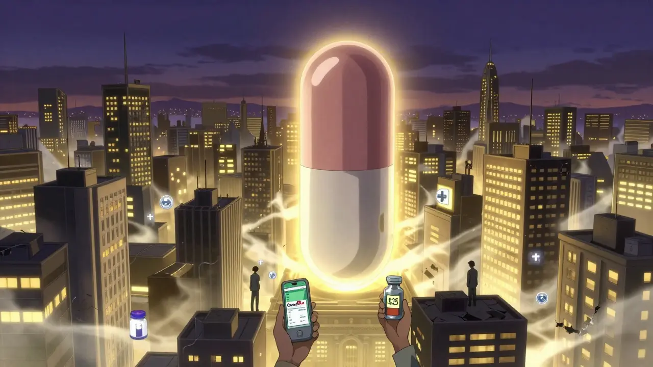 Cityscape where generic drugs illuminate lives, towering pill monument protects glowing homes from darkened ones.