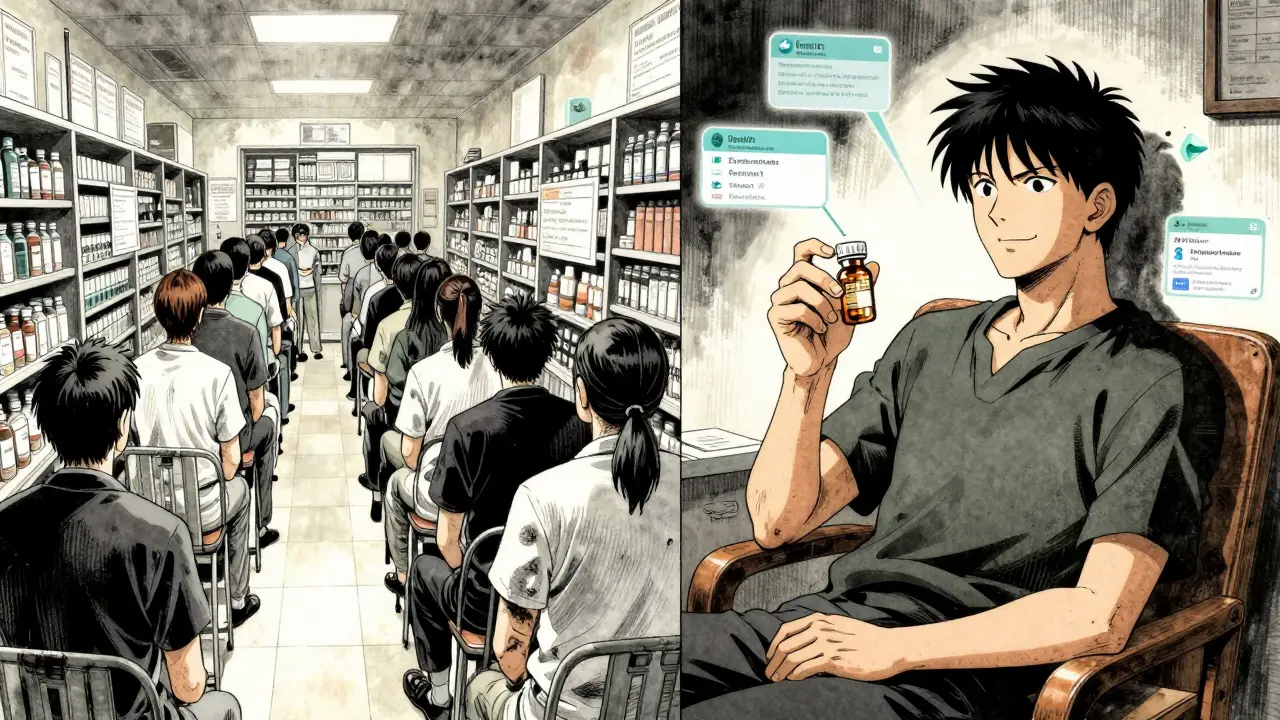 Contrasting scenes of a crowded traditional pharmacy versus a calm home delivery experience for prescriptions.